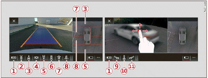 Fig. 131 Upper display: left: rear view. Right side: 3D surroundings.